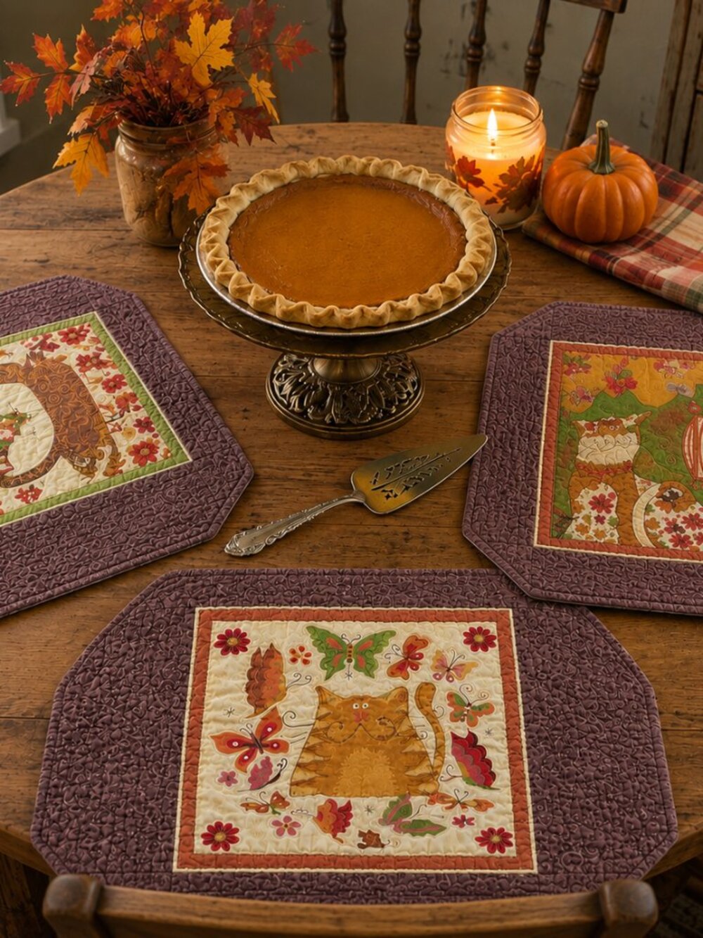 Set of 3 Quilted Cat Placemats Autumn Cottagecore 17” x 12”